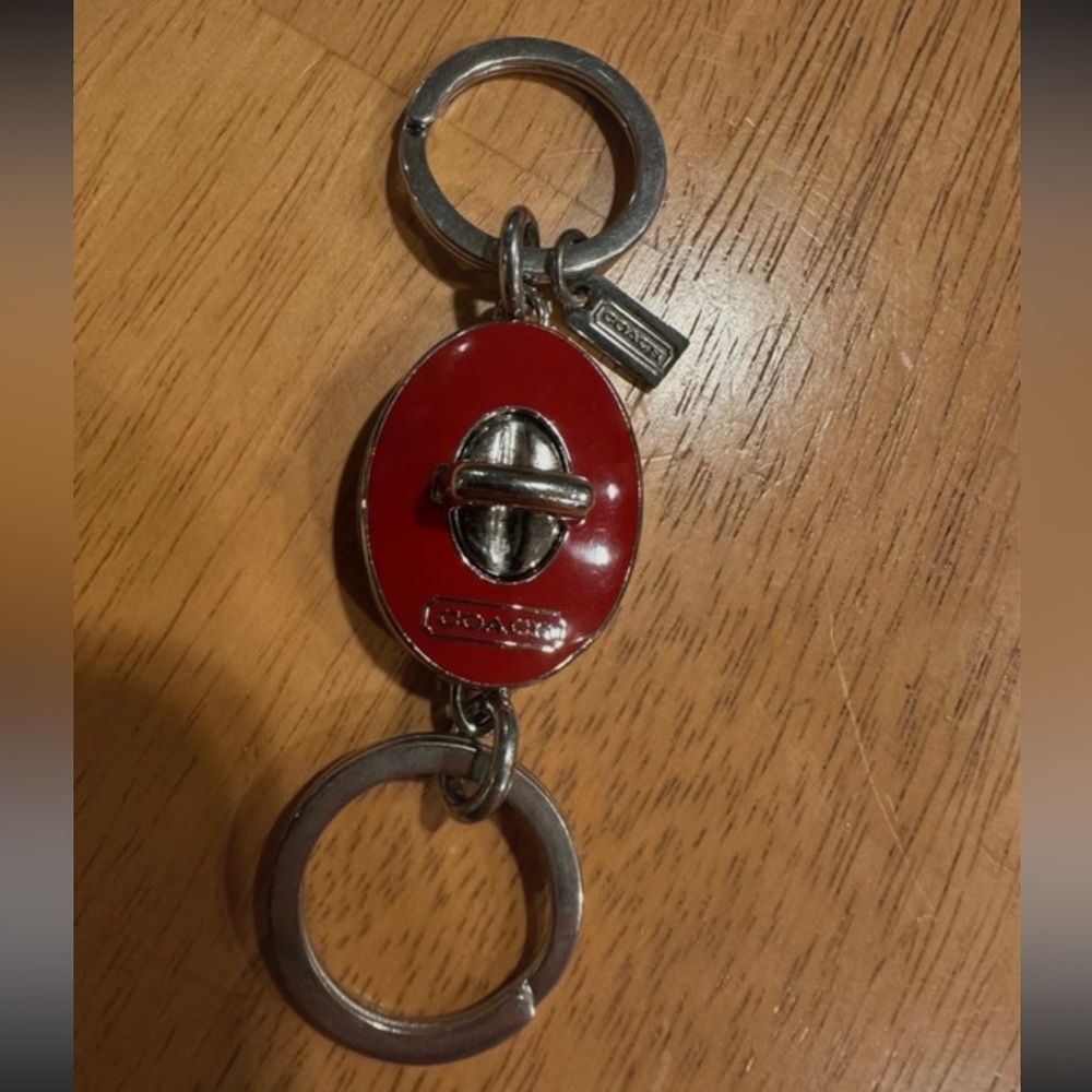 Coach Red Enamel Turnlock Keyring with Silver Hardware - valet fob